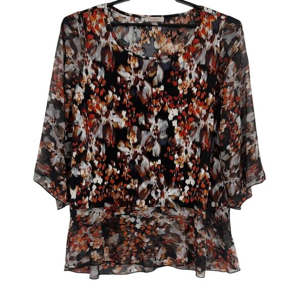 Roz & Ali Chiffon Peplum Womens Top Sz 1X Boho Sheer Bell Sleeve Fall Lagenlook - Picture 1 of 10